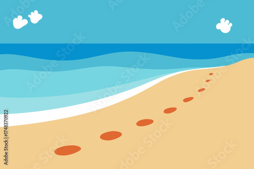 Footprints on the beach with ocean and cloud shapes