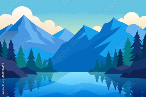 Scenic landscape with mountains lake and pine trees