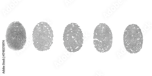 Unique Fingerprint Pattern on White Background for Forensic and Security Concepts,Collection of group fingerprints