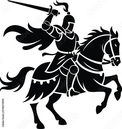 Medieval knight riding a horse in dynamic pose on transparent background silhouette