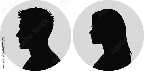 Two profile head silhouettes in gray circles on transparent background