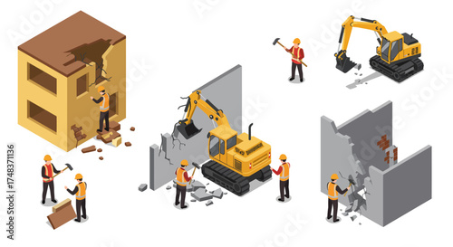 Construction workers and excavators demolishing walls in isometric style