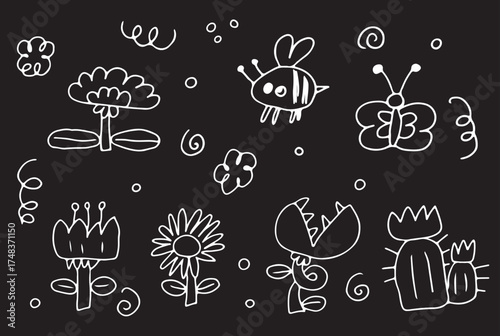 Kid style hand drawn cute flower, bee, butterfly. Doodle summer element set. Vector garden cute element set. Drawn with white curved lines in grunge style. Black background. Vector illustration