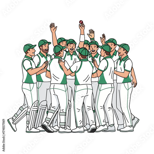 Excited cricket team celebrates victory with a huddle, raising a ball in triumph, embodying sportsmanship and team spirit.
