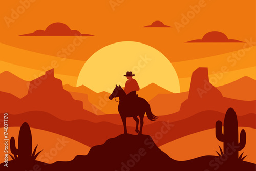 Silhouette of cowboy riding horse at sunset desert