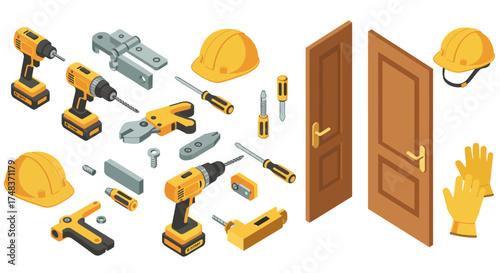 Isometric construction tools and safety gear set for builders and diy enthusi…