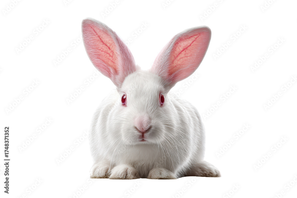 Fototapeta premium A white rabbit with pink ears is sitting on a white background. The rabbit has red eyes and a pink nose, png