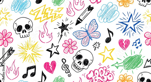 Vector art of seamless pattern of handdrawn doodles including skulls, flames, stars, music notes, and butterflies