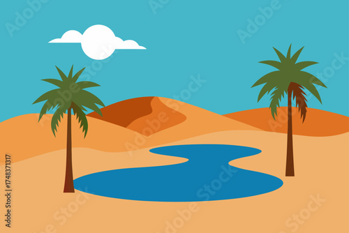 Illustration of desert oasis with palms and cloud