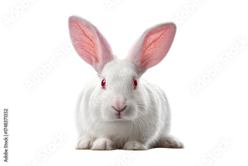 A white rabbit with pink ears is sitting on a white background. The rabbit has red eyes and a pink nose, png