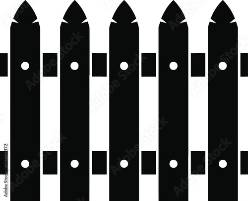 Black wooden picket fence illustration with circular details on transparent background silhouette