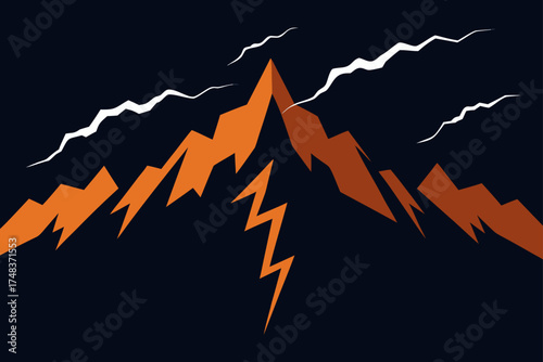 Orange mountain range with lightning in dark night sky