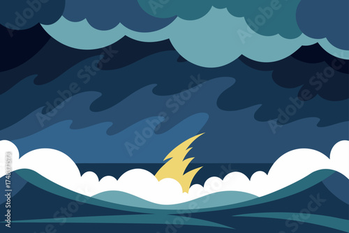 Illustration of a storm with lightning over the ocean