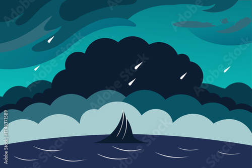 Stormy sea with boat silhouette and rain falling