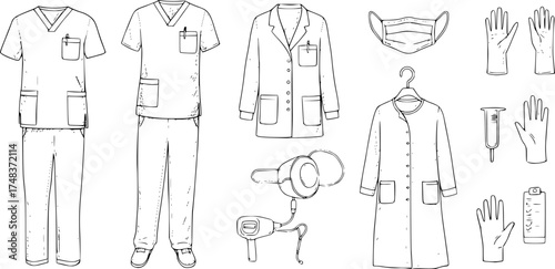 Medical Professional Attire: Hand-Drawn Scrubs, Lab Coat, Gown, Mask, Gloves Icons
