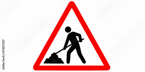 Construction worker sign indicating road works ahead with red triangular shape
