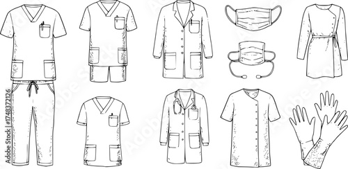 Medical Professional Attire: Hand-Drawn Scrubs, Lab Coat, Gown, Mask, Gloves Icons
