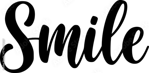 Handwritten calligraphy of the word smile in elegant black lettering on a white background
