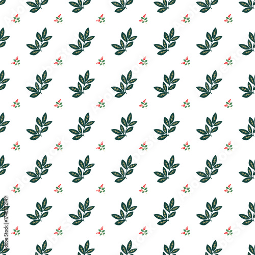 Wallpaper Mural Seamless Botanical Leaf Pattern With Dark Green Foliage and Red Berry Sprigs On White Background Torontodigital.ca