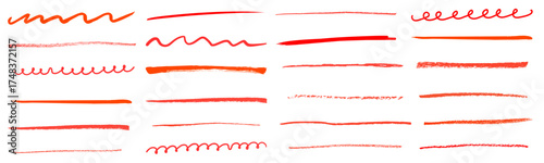 Line marker red underline set. Hand drawn red pen and brush stroke with underline accent, swoosh detail and squiggly sketch mark. vector set