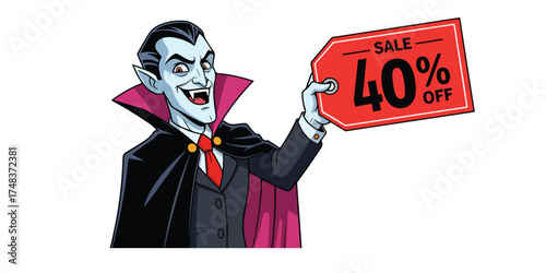 A cartoon vampire with a cape and tie grins widely while holding up a bright red sale sign advertising forty percent off.