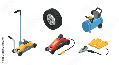Essential garage tools: jack, tire, compressor, jump starter and gloves isome…