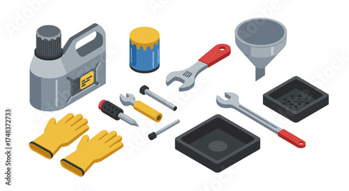 Isometric car maintenance tools set with wrench oil gloves and funnel