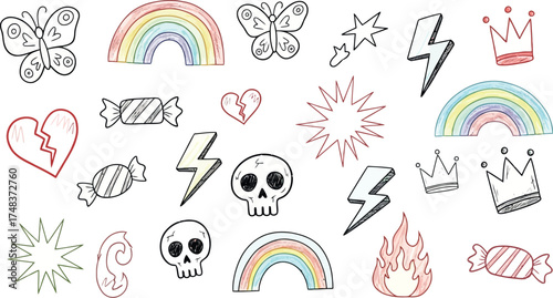 Vector art of collection of handdrawn doodle icons including rainbows, butterflies, skulls, and lightning bolts