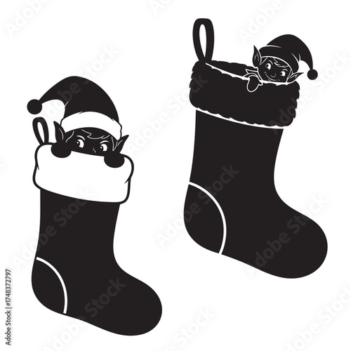 Cute Christmas Elves Hiding in Stockings Silhouette Vector Illustration Set