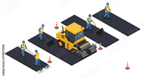 Isometric road construction scene with workers and equipment