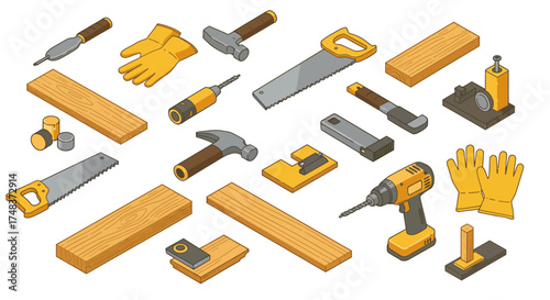 Diy hand tools and equipment in isometric style for construction projects