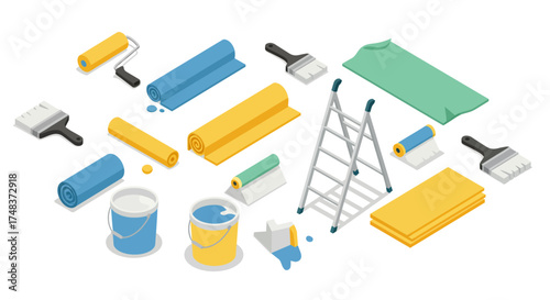 Isometric home renovation tools: paint rollers, brushes, ladders, buckets, an…