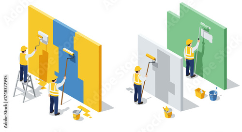 Isometric painters transforming walls with vibrant colors and precision