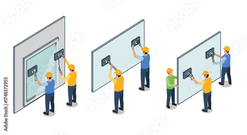 Isometric workers installing drywall: construction team assembly process