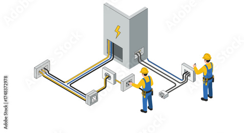 Isometric electrical installation with technicians working on power wiring co…