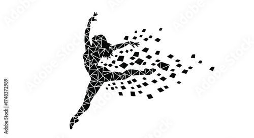 Dynamic dancer silhouette dissolving into geometric shapes, conveying movement and transformation.