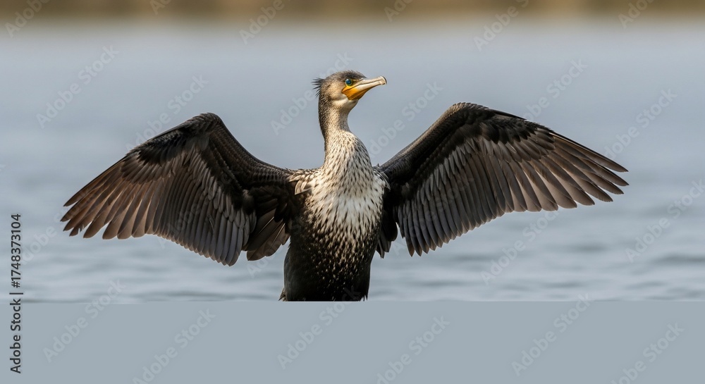 Fototapeta premium Cormorant spreading its wings to dry in the sun on a lake.