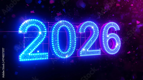 Bright 2026 neon sign glowing in night celebration