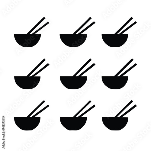 Solid Black and White Seamless Pattern of Noodles and Chopsticks