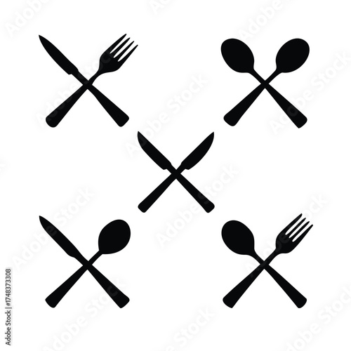 Solid Black and White Seamless Pattern of Cutlery
