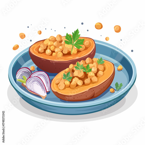 Geröstete Sußkartoffeln mit Kichererbsen und frischen Kräutern