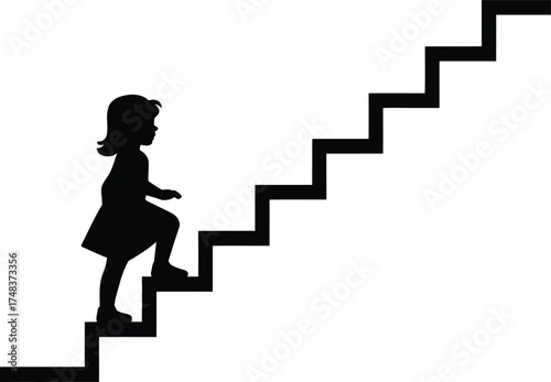 A little girl climbing a jagged staircase minimalist design on transparent background silhouette