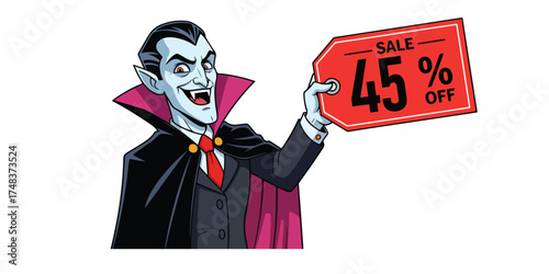 A cartoon vampire with a wide grin holds up a bright red sale tag advertising 45 percent off.