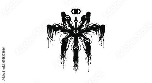 Abstract symbolic emblem with dripping tendrils and an eye symbol, conveying mystery and dark energy.