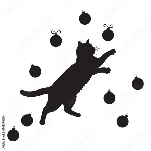 Playful Cat Jumping to Catch Christmas Ornaments Silhouette Vector