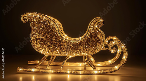 Warm golden sleigh glowing with festive lights and snow