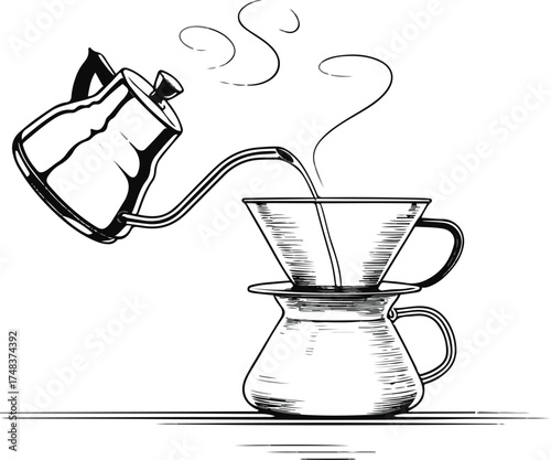 minimalist black line vector of coffee brewing using a pour-over setup, kettle pouring hot water over filter, steam rising gently, clean balanced design, white background 3