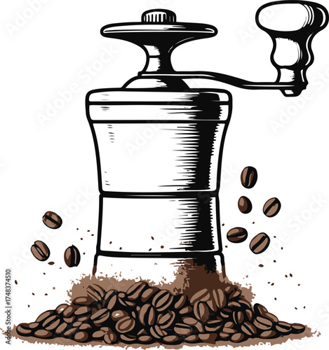 black line art of a hand grinder crushing roasted coffee beans, fine particles coming out, elegant minimalist design, white background, smooth contour lines 1