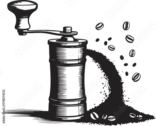black line art of a hand grinder crushing roasted coffee beans, fine particles coming out, elegant minimalist design, white background, smooth contour lines 2