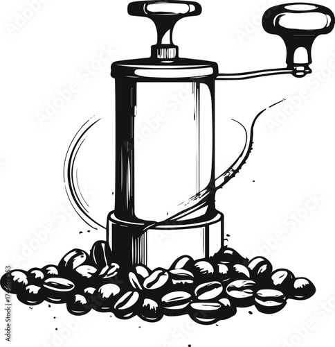 black line art of a hand grinder crushing roasted coffee beans, fine particles coming out, elegant minimalist design, white background, smooth contour lines